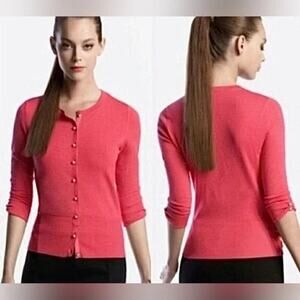 🌸 WHBM Coral Pink 3/4 Sleeve Button Front Cardigan Sweater - Size Large 🌸